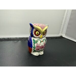 Vintage Owl Trinket Box Colorful Floral‎ Ceramic Decor 3" Tall collectible